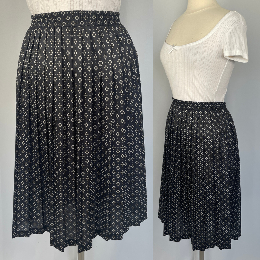 Vintage Midi Skirt Size 10P 10 Petite Black White Pleated A Line Minimal Retro